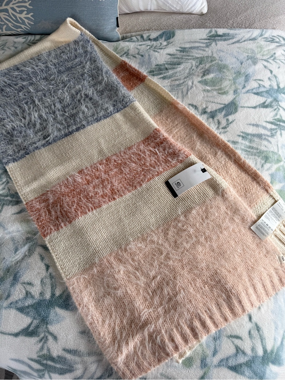 Rip Curl Striped Fuzzy Oversized Scarf in Peach, Cream & Gray